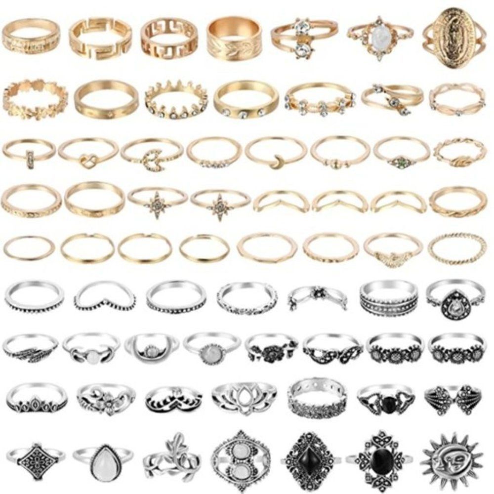 Yellow Gold and Silver Boho Vintage Midi Rings - Set of 67